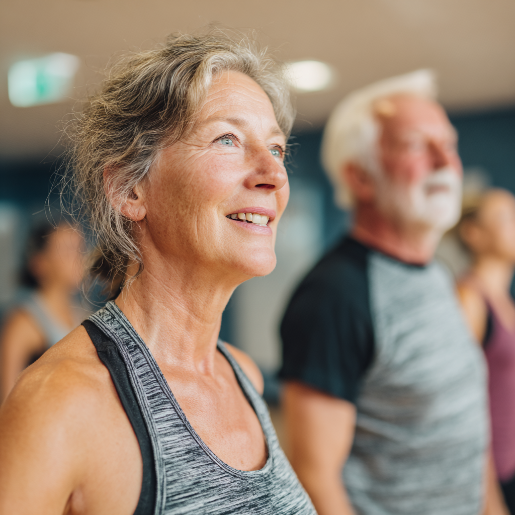 Mature adults enjoying group fitness training session at Athlivenor facility