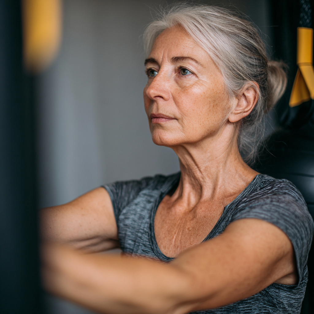 Senior woman demonstrating proper form during functional training at Athlivenor studio